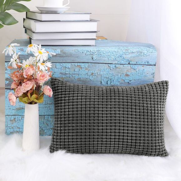 Soft Corduroy Throw Pillow Cover Sofa Cushion Cover 12" x 18" Dark Grey - Picture 4 of 6